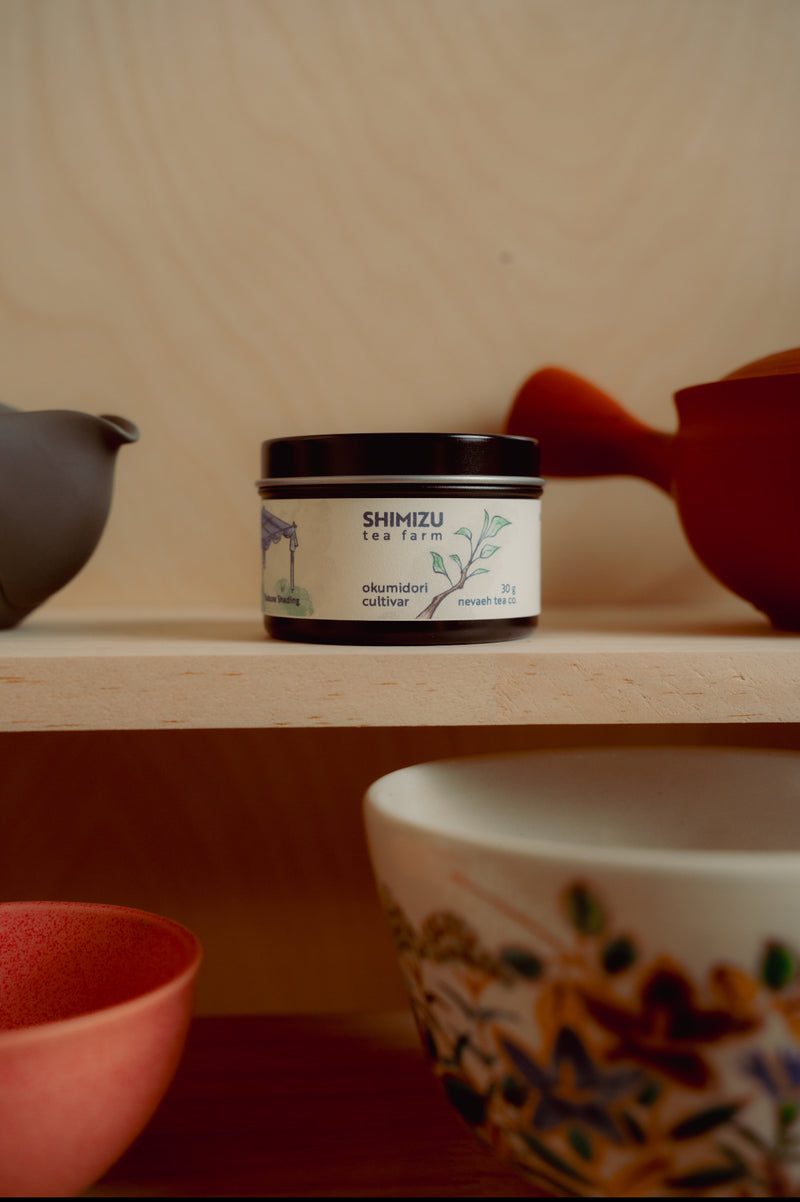 Jar of Shimizu tea on a wooden shelf with tea-making utensils.