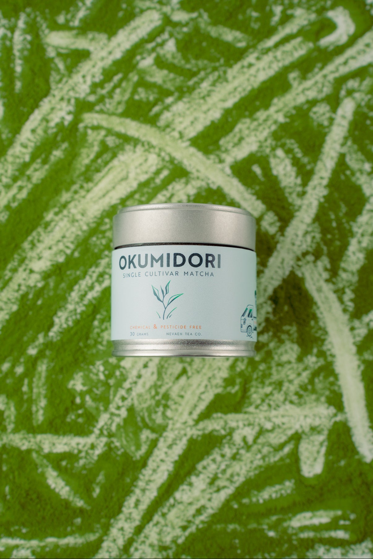 Okumidori product container on a green background with white abstract designs
